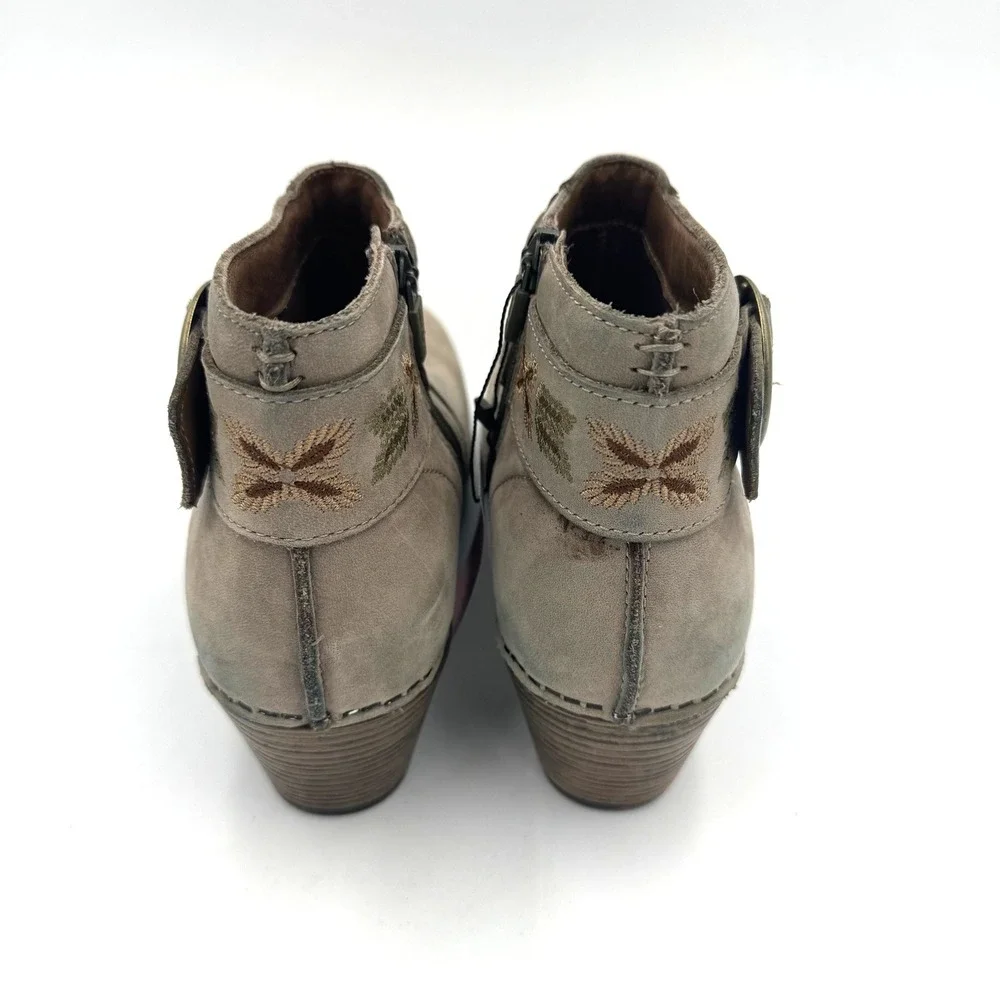 Dansko Taupe Leather Embroidered Ankle Boots Buckle Block Heel Size 38